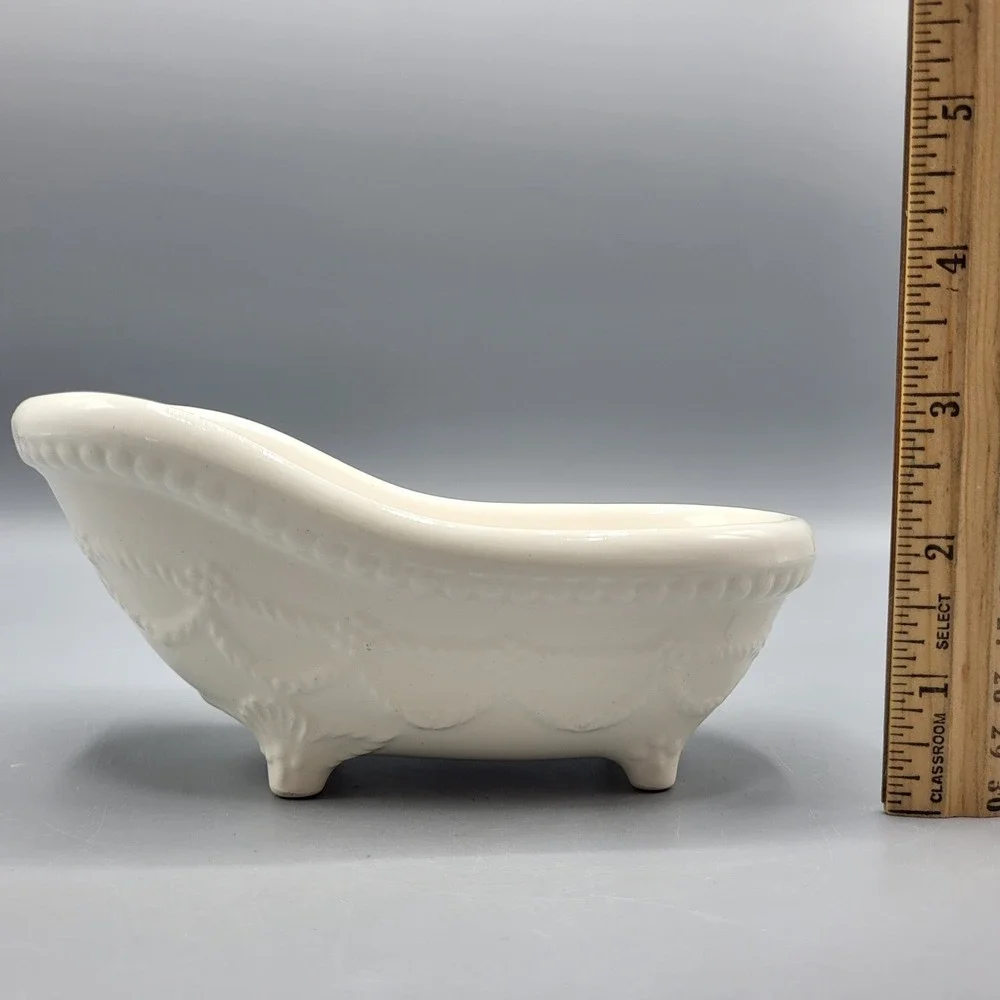 Vintage CCP NY Miniature Bathtub Soap Dish White Ceramic Embossed Made in Japan